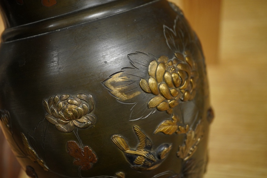 A Japanese bronze and mixed metal vase, Meiji period, 25cm. Condition - fair to good